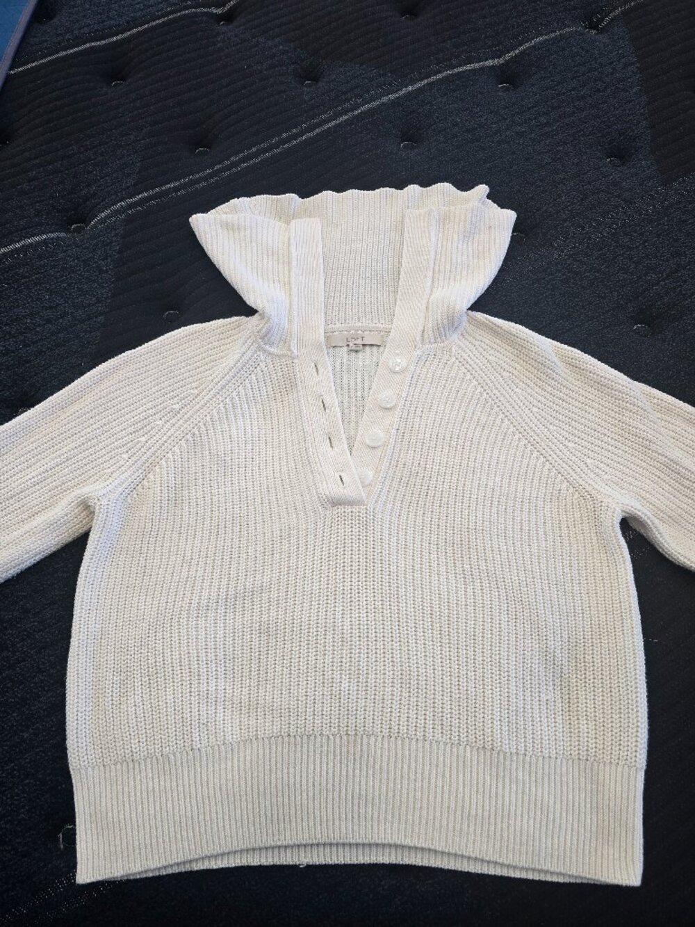 Loft Women's White Ruffled Long Funnel Neck Button-Front Sweater - Size XL